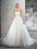 Ball Gown Strapless Applique Sleeveless Long Satin Wedding Dresses TPP0006676