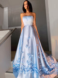 A-Line/Princess Satin Hand-Made Flower Strapless Sleeveless Sweep/Brush Train Dresses TPP0001585