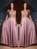 A-Line/Princess Chiffon V-neck Sleeveless Beading Floor-Length Dresses TPP0003642