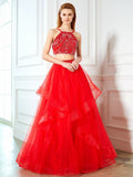 A-Line/Princess Spaghetti Straps Sleeveless Floor-Length Beading Tulle Two Piece Dresses TPP0003458