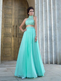 A-Line/Princess High Neck Beading Sleeveless Long Chiffon Two Piece Dresses TPP0003068