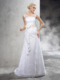 Sheath/Column Sheer Neck Hand-Made Flower Sleeveless Long Satin Wedding Dresses TPP0006901