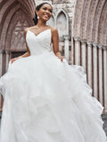 A-Line/Princess Tulle Ruffles Spaghetti Straps Sleeveless Sweep/Brush Train Wedding Dresses TPP0006090