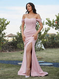 Sheath/Column Stretch Crepe Ruched Off-the-Shoulder Sleeveless Sweep/Brush Train Bridesmaid Dresses TPP0004910