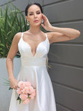 A-Line/Princess Satin Ruched V-neck Sleeveless Sweep/Brush Train Wedding Dresses TPP0007022