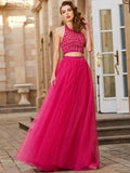 A-Line/Princess Halter Beading Sleeveless Tulle Floor-Length Two Piece Dresses TPP0003789