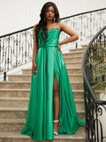 A-Line/Princess Silk like Satin Ruffles Spaghetti Straps Sleeveless Sweep/Brush Train Dresses TPP0001665