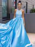 A-Line/Princess Satin Halter Sleeveless Applique Sweep/Brush Train Dresses TPP0004607