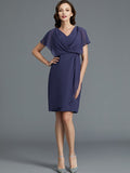 Sheath/Column V-neck Short Sleeves Chiffon Knee-Length Mother of the Bride Dresses TPP0007259