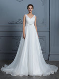 A-Line/Princess V-neck Sleeveless Floor-Length Lace Chiffon Wedding Dresses TPP0006395