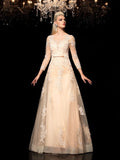 A-Line/Princess Sheer Neck Applique Long Sleeves Long Satin Dresses TPP0006599