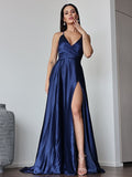 A-Line/Princess Satin Ruched V-neck Sleeveless Sweep/Brush Train Dresses