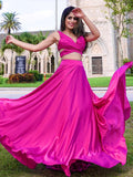 A-Line/Princess Satin Chiffon Ruched V-neck Sleeveless Floor-Length Two Piece Dresses TPP0004831