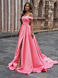 A-Line/Princess Satin Sleeveless Ruffles Off-the-Shoulder Court Train Dresses TPP0001402