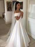 A-Line/Princess Off-the-Shoulder Sleeveless Sweep/Brush Train Ruffles Satin Wedding Dresses TPP0005973