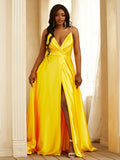 A-Line/Princess Silk like Satin Ruched V-neck Sleeveless Sweep/Brush Train Dresses TPP0001614