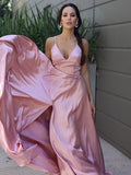 A-Line/Princess Silk like Satin Ruffles V-neck Sleeveless Sweep/Brush Train Dresses TPP0001612