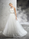 A-Line/Princess Sheer Neck Beading Sleeveless Long Net Wedding Dresses TPP0006614