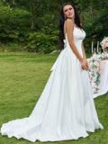 A-Line/Princess Satin Bowknot V-neck Sleeveless Sweep/Brush Train Wedding Dresses TPP0006456