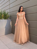 A-Line/Princess Applique Tulle Sleeveless Floor-Length Off-the-Shoulder Dresses TPP0009077