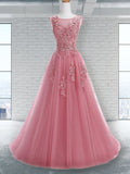 A-Line/Princess Scoop Sleeveless Sweep/Brush Train Applique Tulle Dresses TPP0001768