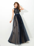 A-Line/Princess Sheer Neck Applique Sleeveless Long Tulle Dresses TPP0002434