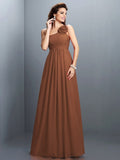 A-Line/Princess One-Shoulder Hand-Made Flower Pleats Sleeveless Long Chiffon Bridesmaid Dresses TPP0005399