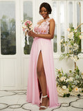 A-Line/Princess Chiffon Applique Scoop Sleeveless Floor-Length Bridesmaid Dresses TPP0004918