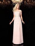 A-Line/Princess Bateau Beading Short Sleeves Long Chiffon Dresses TPP0003584