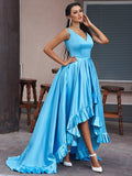 A-Line/Princess Satin Ruffles V-neck Sleeveless Asymmetrical Dresses TPP0001559