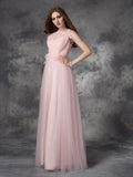 A-line/Princess Bateau Hand-Made Flower Sleeveless Long Net Dresses TPP0009231