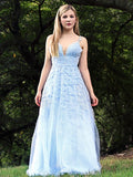 A-Line/Princess Sleeveless V-neck Applique Tulle Floor-Length Dresses TPP0004558