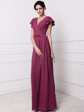 Sheath/Column V-neck Short Sleeves Pleats Long Chiffon Bridesmaid Dresses TPP0005438