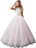 Ball Gown V-neck Short Sleeves Lace Floor-Length Tulle Flower Girl Dresses TPP0007596