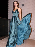 A-Line/Princess Silk like Satin V-neck Ruffles Sleeveless Floor-Length Dresses TPP0001655