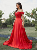 A-Line/Princess Silk like Satin Applique Off-the-Shoulder Sleeveless Sweep/Brush Train Two Piece Dresses TPP0001490