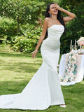 Trumpet/Mermaid Satin Ruched Strapless Sleeveless Sweep/Brush Train Wedding Dresses TPP0006371