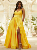 A-Line/Princess Silk like Satin Ruffles V-neck Sleeveless Floor-Length Dresses TPP0004878