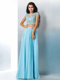 A-Line/Princess Sheer Neck Applique Short Sleeves Long Chiffon Two Piece Dresses TPP0002721