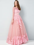 A-Line/Princess Scoop 3/4 Sleeves Floor-Length Applique Tulle Dresses TPP0002409