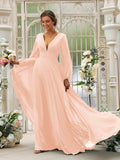 A-Line/Princess Chiffon Ruffles V-neck Long Sleeves Sweep/Brush Train Bridesmaid Dresses TPP0004894