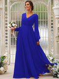 A-Line/Princess Chiffon Ruched V-neck Long Sleeves Floor-Length Bridesmaid Dresses TPP0004950