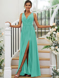 A-Line/Princess Chiffon Ruffles V-neck Sleeveless Floor-Length Bridesmaid Dresses TPP0004944