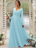 A-Line/Princess Chiffon Ruched V-neck Long Sleeves Floor-Length Bridesmaid Dresses TPP0004950