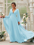 A-Line/Princess Chiffon Ruffles V-neck Long Sleeves Sweep/Brush Train Bridesmaid Dresses TPP0004894