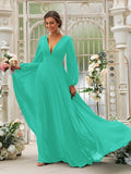 A-Line/Princess Chiffon Ruffles V-neck Long Sleeves Sweep/Brush Train Bridesmaid Dresses TPP0004894