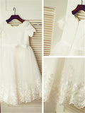 A-line/Princess Scoop Short Sleeves Tea-Length Lace Flower Girl Dresses TPP0007656