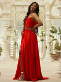 A-Line/Princess Silk like Satin Ruffles Spaghetti Straps Sleeveless Sweep/Brush Train Two Piece Dresses TPP0004876