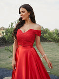 A-Line/Princess Silk like Satin Applique Off-the-Shoulder Sleeveless Sweep/Brush Train Two Piece Dresses TPP0001490