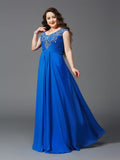 A-Line/Princess Straps Beading Short Sleeves Long Chiffon Plus Size Dresses